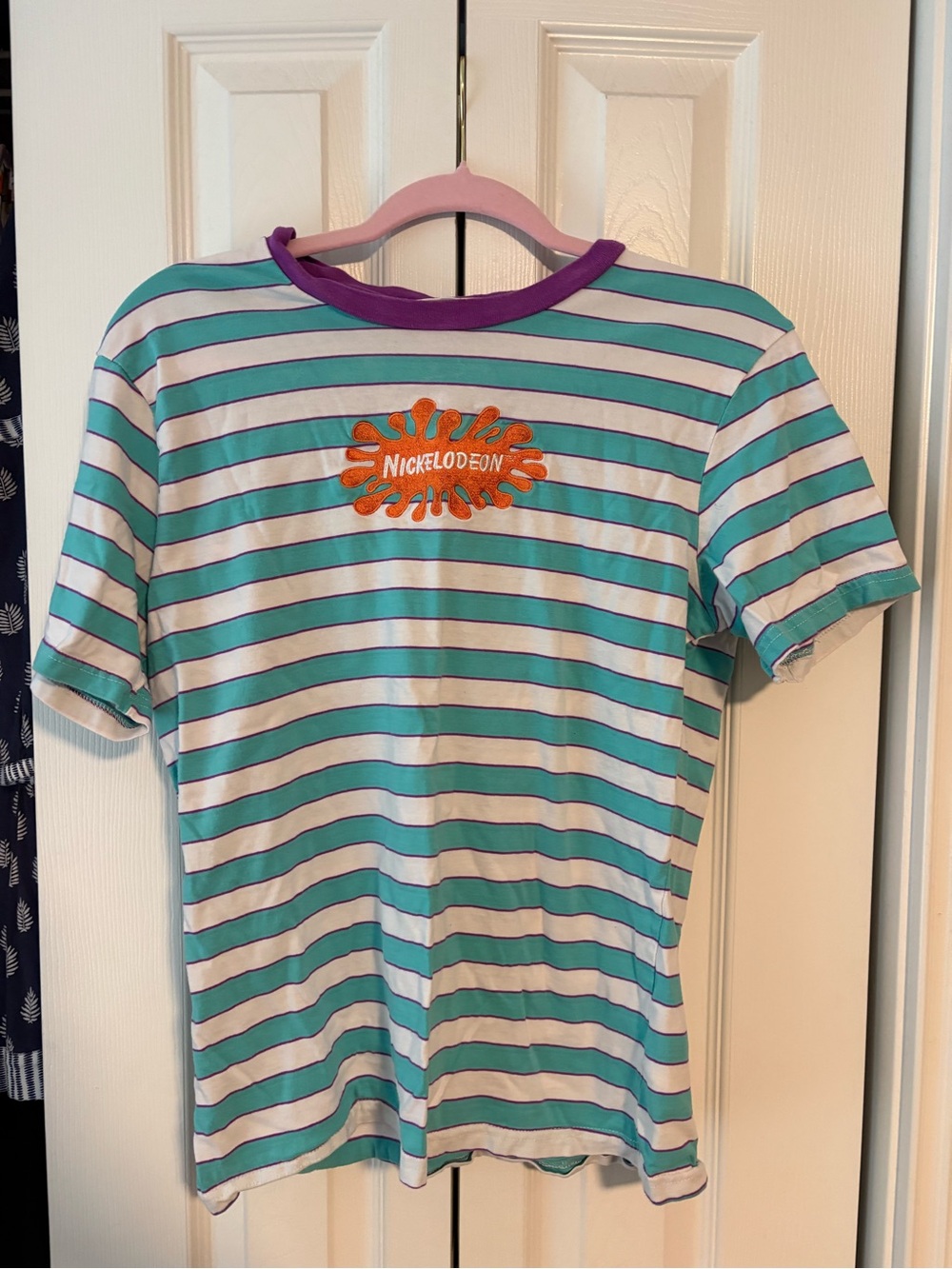 Nickelodeon Turquoise & White Striped Tee with Purple Neckline